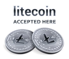 Sticker - Litecoin. Accepted sign emblem. Crypto currency. Silver coins with Litecoin symbol isolated on white background. 3D isometric Physical coins with text Accepted Here. Vector illustration.