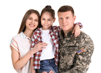 Wall Mural - Male soldier with his family on white background. Military service