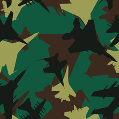 Wall Mural - seamless green forest military jet fighters aircraft silhouettes camouflage pattern vector