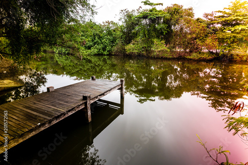Long exposure of pier in calm lake, with nature all around, water is silky smoot Poster