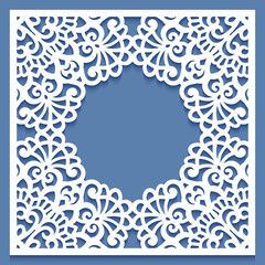 Laser cut paper lace frame, vector illustration. Ornamental cutout photo frame with pattern. Abstract vintage background. Element for wedding invitation and greeting card.