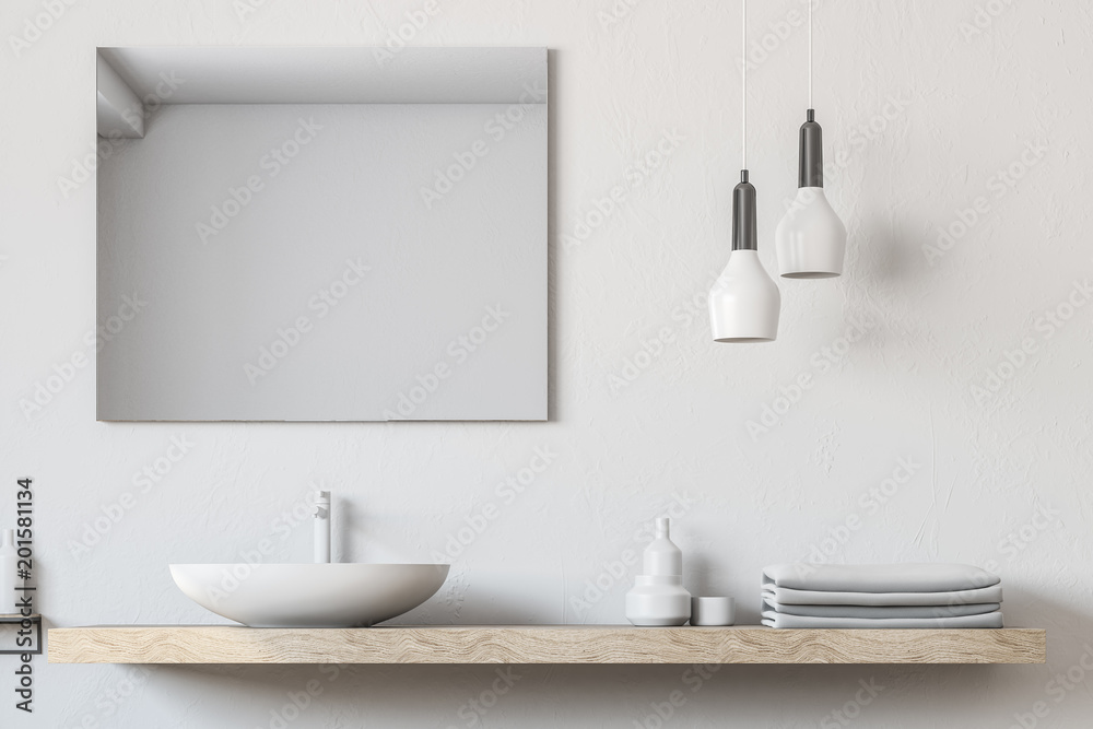 Bathroom sink, square mirror close up - obrazy, fototapety, plakaty 