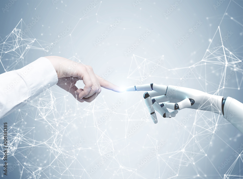 Human and robot hands reaching out, network - obrazy, fototapety, plakaty 