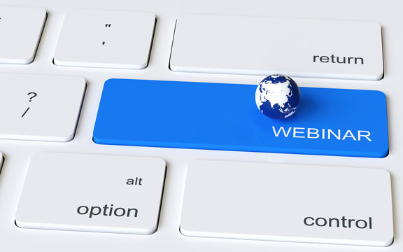 Globe illustrated in 3D on computer keyboard with text graphics webinar. 3d illustration