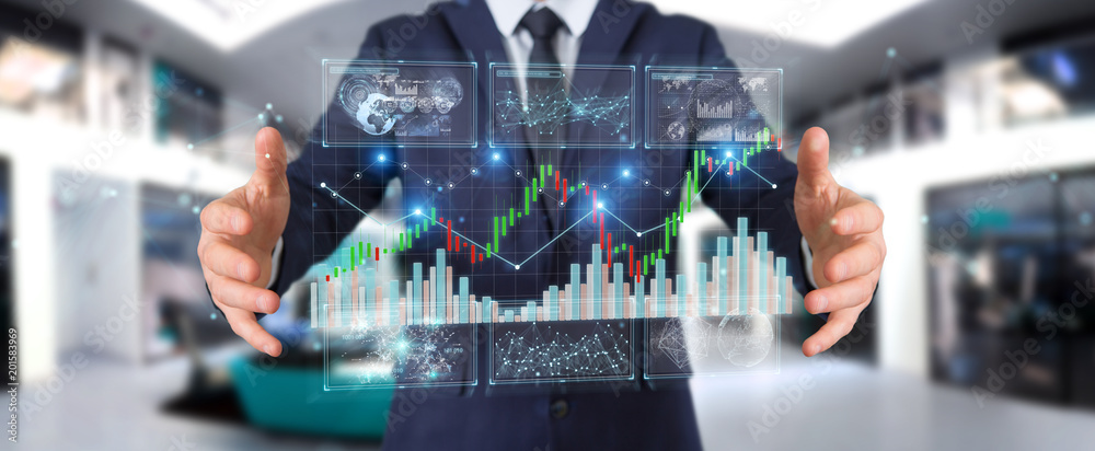 Businessman using 3D rendering stock exchange datas and charts - obrazy, fototapety, plakaty 