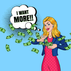 Wall Mural - Pop Art Rich Woman Throwing Dollar Banknotes. Successful Blonde Girl with Money. Vector illustration