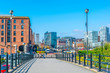 View of the business center of Liverpool through Albert dock, England