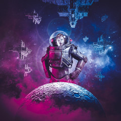 Wall Mural - intergalactic female space hero / 3d illustration of science fiction scene showing heroic woman astr