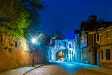 Night View Of The Prince Rupert Gateway Leading To The Leicester Castle And Saint Mary De Casto Church, England