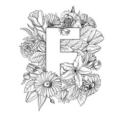 Vintage flower alphabet. Hand drawn vector illustration Isolated on white background. My portfolio have other letters.