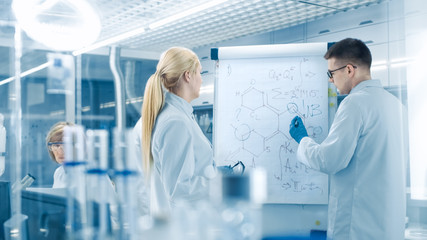 Wall Mural - young female and male scientists write formulas on a whiteboard. they're solving scientific problems