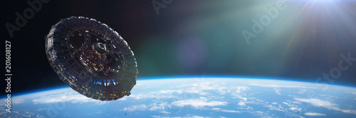 gigantic space station in orbit of planet Earth Wallpaper Mural