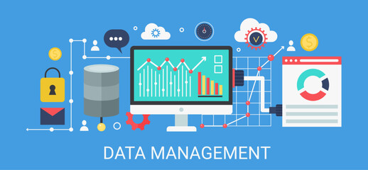 Poster - Flat modern vector concept Data management banner with icons and text.