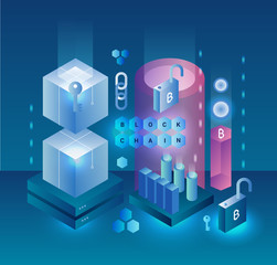 Poster - Abstract cryptocurrency and Blockchain vector concept. Mining farm. Bitcoin, ethereum and monero. Digital money crypto market. Web design, presentation banner.