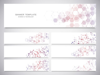 big set of science and technology banners. molecular and chemical structure.
