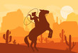 Vector illustration of silhouette of cowboy catching wild horse at sunset with beautiful Wild west Texas desert on background in flat style.