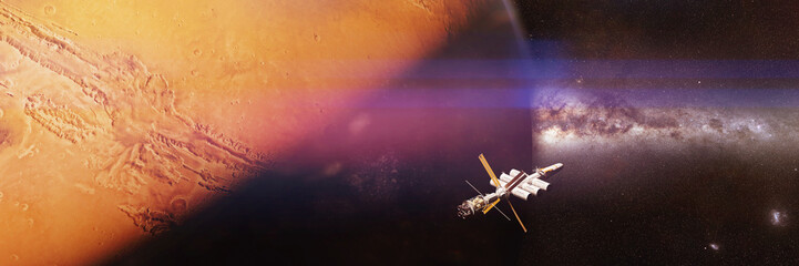 Wall Mural - spaceship in orbit of the red planet mars, journey through the solar system