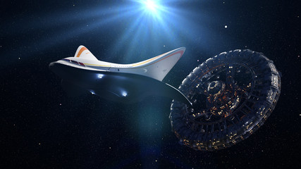 Wall Mural - spaceship departure from space station, outer space traffic