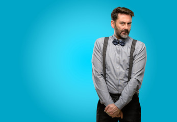 Sticker - Middle age man, with beard and bow tie doubt expression, confuse and wonder concept, uncertain future