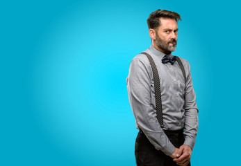 Sticker - Middle age man, with beard and bow tie doubt expression, confuse and wonder concept, uncertain future