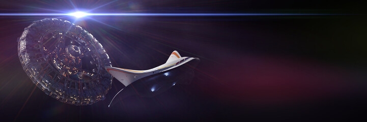 Wall Mural - spaceship departure from space station, traffic in empty outer space