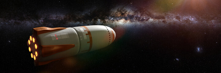 Wall Mural - spaceship in empty outer space, reusable rocket and the stars of the milky way galaxy (3d illustrati