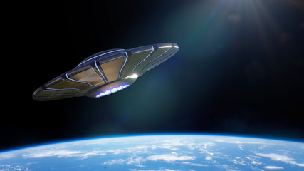 Wall Mural - ufo, alien spaceship in orbit of planet earth, extraterrestrials from outer space in flying saucer