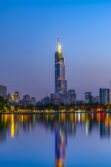 Wall Mural - Nanjing Xuanwu Lake Financial District building landscape night view and city skyline