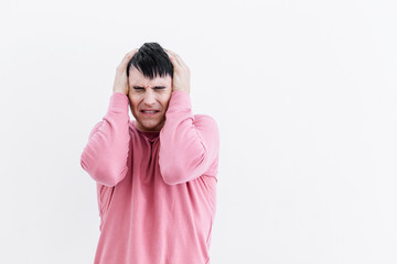 caucasian man stressful and hand touch head headpain  action on white background