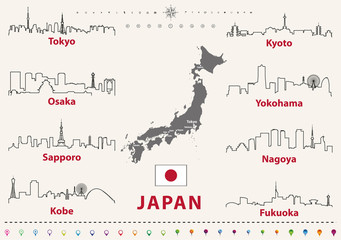 Wall Mural - vector outline icons of japan cities skylines with japanese flag and map