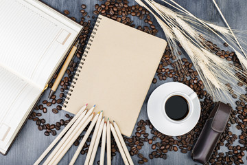 Wall Mural - Modern table top with notepad and coffee