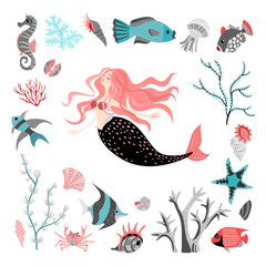 Wall Mural - Funny cartoon mermaid surrounded by tropical fish, animal, seaweed and corals.  Sea life. Set of cute isolated vector illustrations on white background