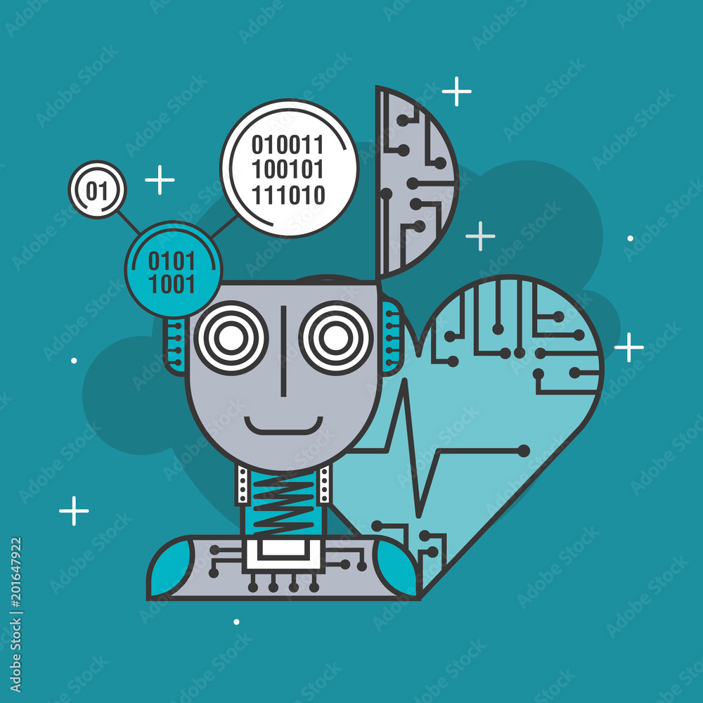 artificial intelligence robot brain binary heart beat care vector ...