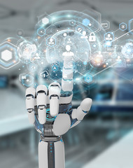 Fototapete - White robot hand using digital screen interface 3D rendering