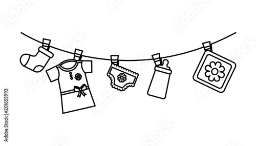 Download baby shower girl dress diaper bottle sock and block hanging decoration vector illustration ...