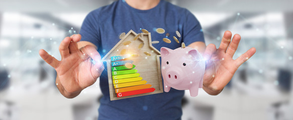 Wall Mural - businessman saving money with good energy chart rating 3d rendering