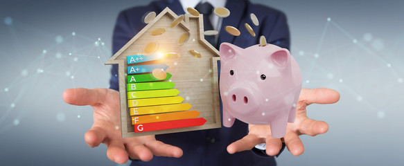 Wall Mural - businessman saving money with good energy chart rating 3d rendering