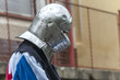 Man in medieval costume wearing steel helmet. Actor during festival in Czech Republic, in Europe