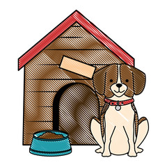 Sticker - cute dog breed with wooden house and dish food vector illustration design