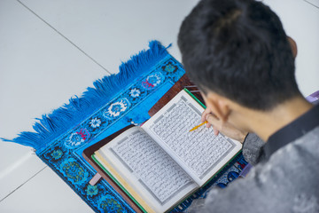 Wall Mural - Male muslim reading Koran at home