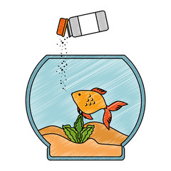 aquarium bowl with colors fish and bottle food vector illustration design