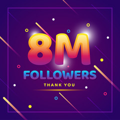 Sticker - 8m or 8000000 followers thank you colorful background and glitters. Illustration for Social Network friends, followers, Web user Thank you celebrate of subscribers or followers and likes