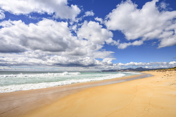 Enjoy this amazing sea view with pure sandy beach and crystal clear blue water a few waves coming to the shore at a lonely empty place on Tasmania, Australia