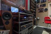 Close up of home audio equipment, sound system