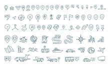 Hand Draw Map Set Elements. Transport Tracking. Travel Geography Road Icons Sketch Set Outline Line Drawing. Collection Set Vector Stock Clipart Illustration.