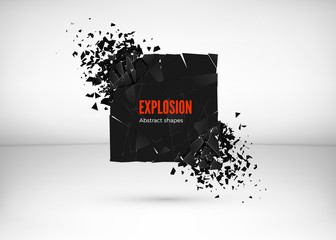Poster - Shatter and destruction dark square effect. Abstract cloud of pieces and fragments after explosion. Vector illustration isolated on gray background