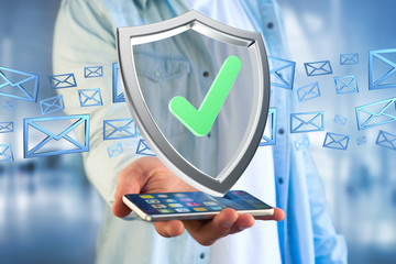 Poster - Shield symbol displayed on a futuristic interface - 3d rendering