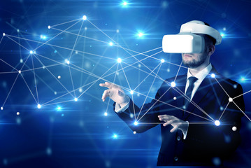 businessman in virtual reality goggles investigate global network connectivity concept