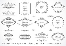 Set Of Flourish Frames, Borders, Labels. Collection Of Original Design Elements. Vector Calligraphy Swirls, Swashes, Ornate Motifs And Scrolls. 