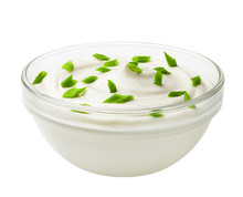 Sour Cream With Onion In Bowl, Isolated On White Background, Clipping Path, Full Depth Of Field